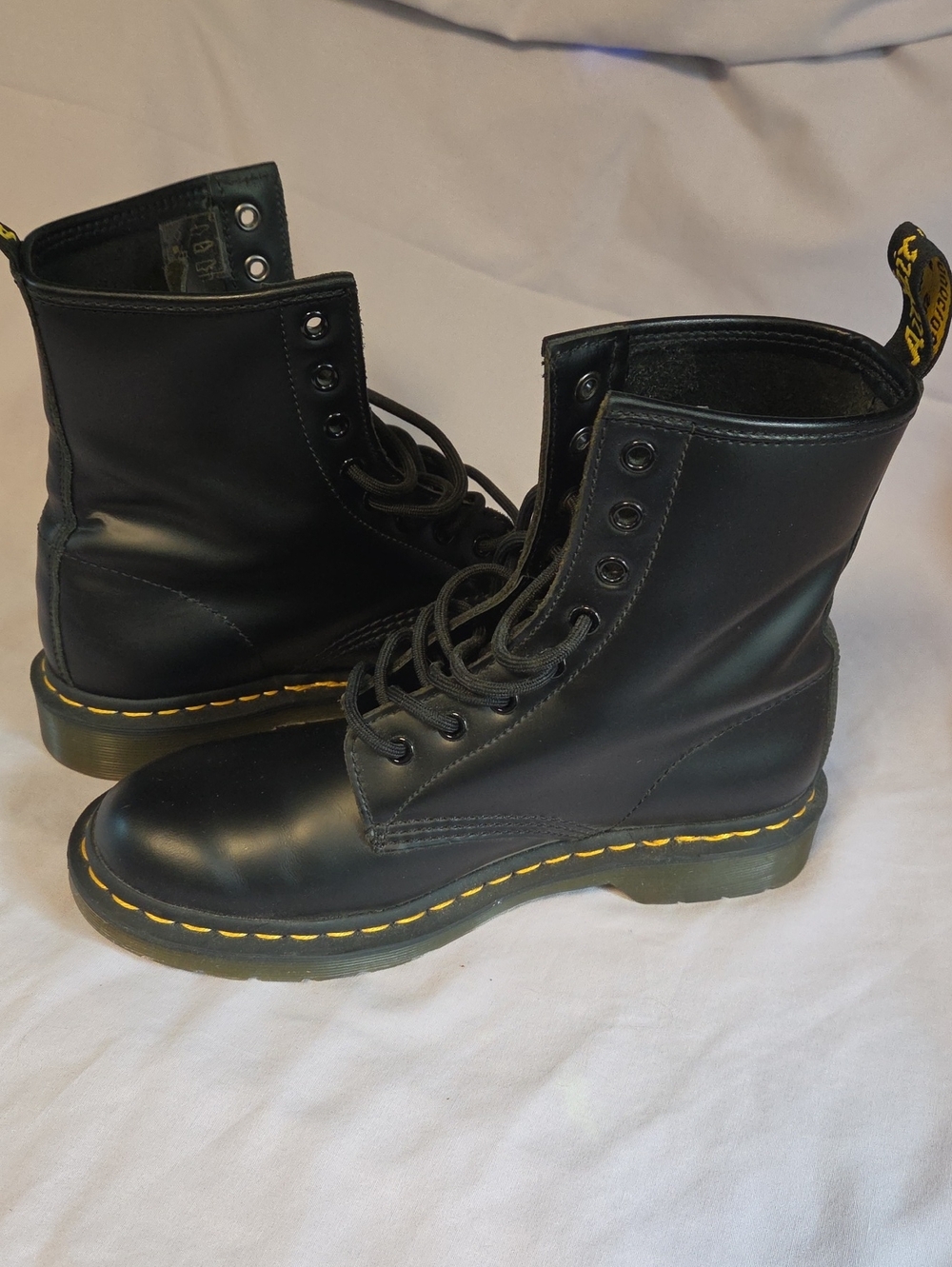 Dr. Martens Black Leather 8-Eye Boots with Yellow Stitching Size 7